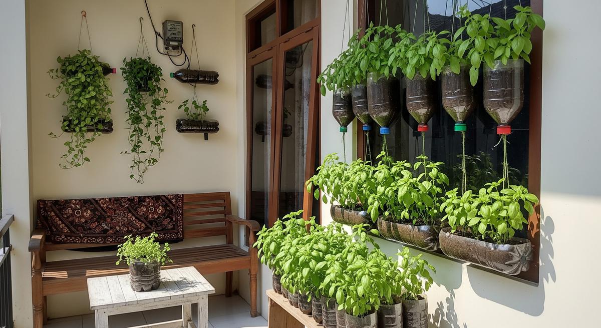 Kebun Sayur Kemangi dari Botol Bekas yang Cocok untuk Hiasan Teras