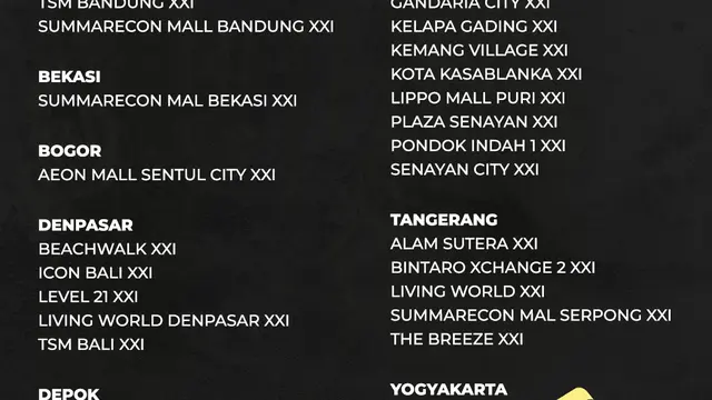 XXI Screen Bag Tersedia di kota-kota berikut