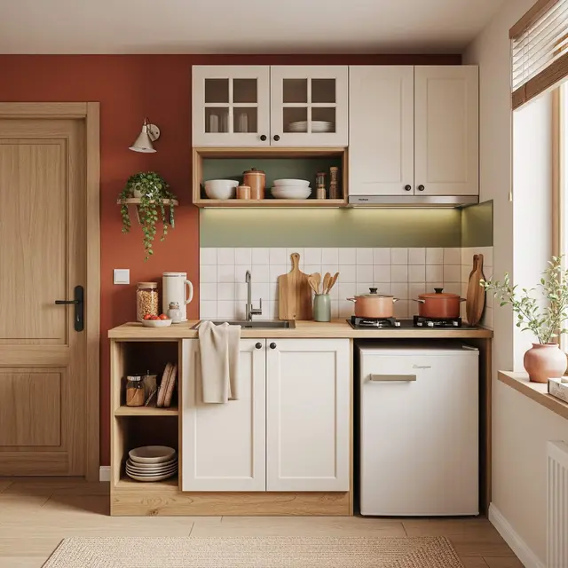 Desain Dapur Rumah Mungil Tema Earth Tone Hemat Ruang
