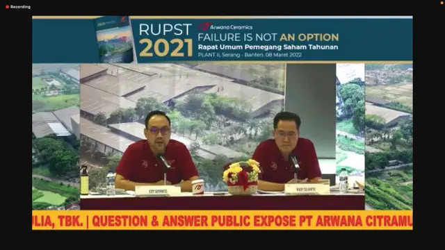 Paparan publik PT Arwana Citra Mulia Tbk (ARNA), Selasa (8/3/2022) (Dok: tangkapan layar/Pipit I.R)