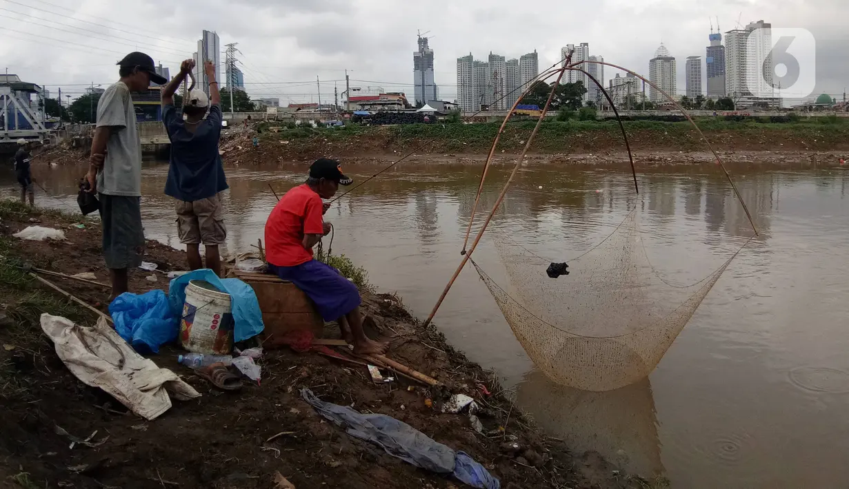 Beberapa warga tengah mencari ikan dengan menggunakan jala di Banjir Kanal Barat, Tanah abang, Jakarta, Sabtu (4/1/2020). Debit air yang mulai surut di aliran tersebut dimanfaatkan warga untuk mencari ikan. (Liputan6.com/Angga Yuniar)