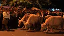 <p>Kawanan Kerbau Bule keturunan Kerbau Pusaka Keraton Kiai Slamet membuka jalan bagi rombongan Kirab Peringatan Malam 1 Suro Keraton Surakarta Hadiningrat di Jalan Mangkubumen Sasono Mulyo, Solo, Jawa Tengah, Sabtu (25/10/2014). (Antara Foto/Maulana Surya)</p>