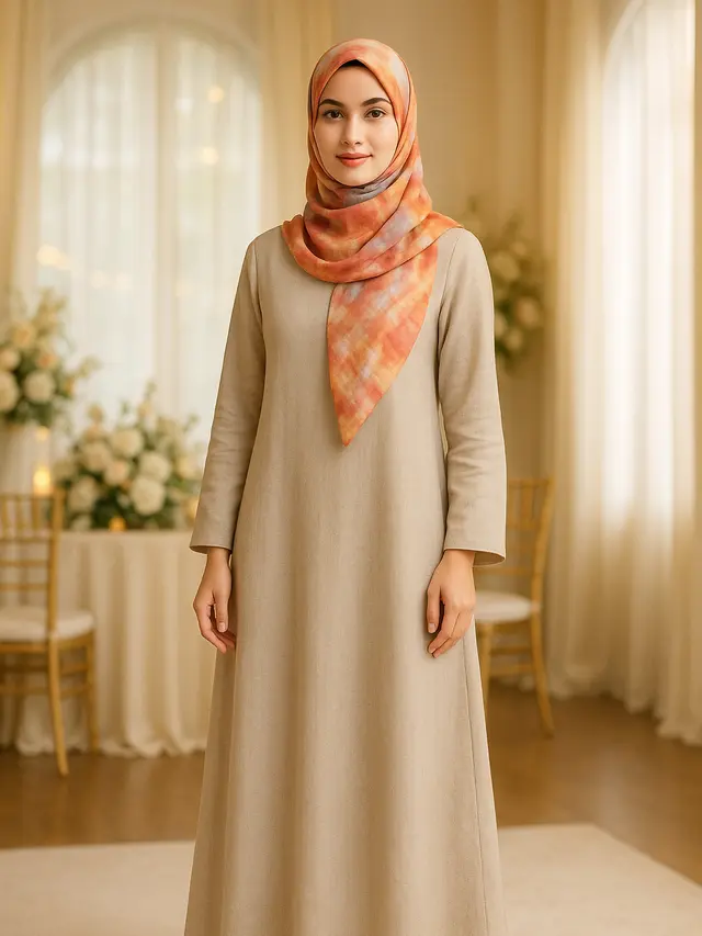 Inspirasi Gamis Polos dengan Hijab Motif