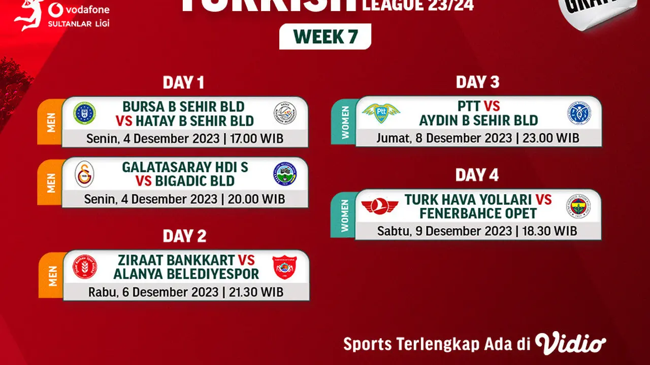 Jadwal dan Live Streaming Turkish Volleyball League Week 7 di Vidio