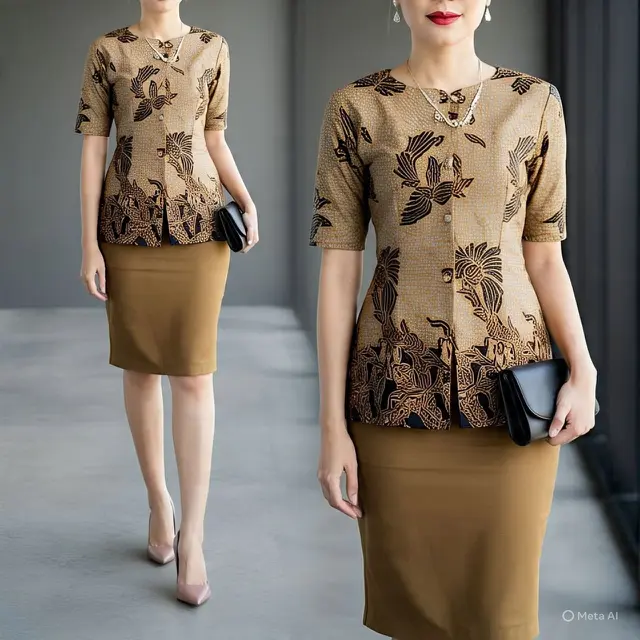 Model Baju Batik Atasan dan Bawahan Rok Terbaru #4: Peplum Batik dengan Rok Span