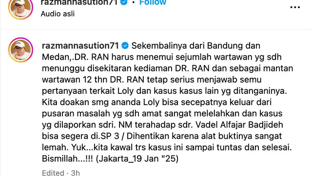 Unggahan Razman Arif Nasution. (Foto: Dok. Instagram @razmannasution71)