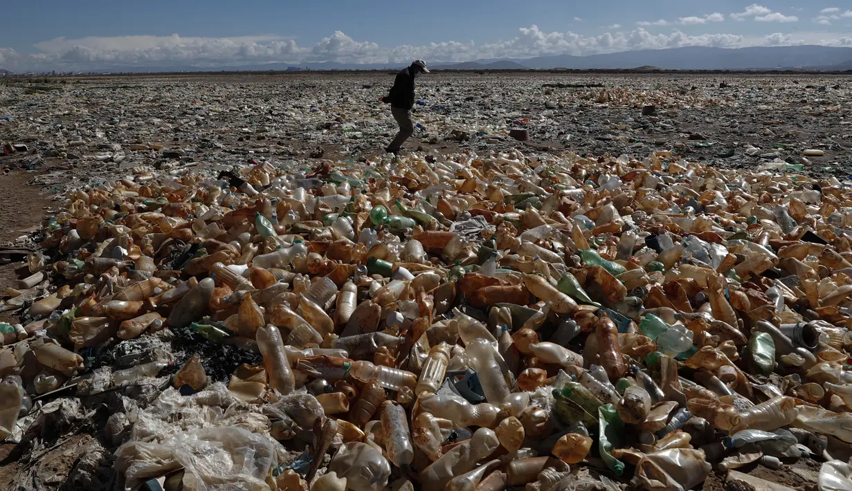 Seseorang berjalan di tengah botol plastik dan sampah di daerah kering Sungai Tagaret, yang mengalir ke Danau Uru Uru, dekat Oruro, Bolivia, Kamis (25/3/2021). Sungai ini mengalir ke Danau Uru Uru dengan membawa sampah-sampah yang mencemari danau. (AP Photo / Juan Karita)
