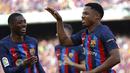 Tiga gol Barca datang dari brace Ansu Fati (1', 24') dan aksi Gavi (70'). (AP Photo/Joan Monfort)