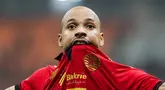 Pemain Persija Jakarta, Gustavo Almeida, melakukan selebrasi setelah mencetak gol ke gawang Bali United pada laga BRI Liga 1 di Stadion Jakarta International Stadium (JIS), Jakarta, Sabtu (10/5/2025) malam WIB. (Bola.com/Abdul Aziz)