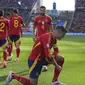 Alvaro Morata merayakan gol pertama Spanyol ke gawang Kroasia pada laga pertama grup B Euro 2024 di stadion Olympia, Berlin, Sabtu (15/6/2024)  (AP Photo/Sunday Alamba)