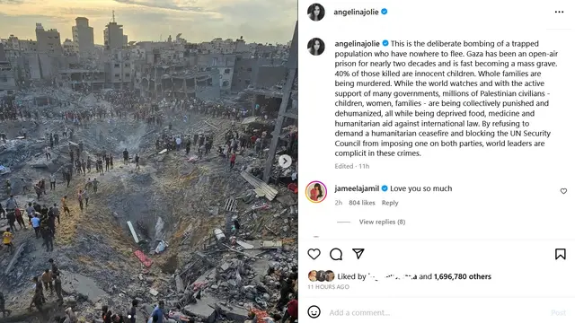 Unggahan Angelina Jolie tentang situasi di Gaza, Palestina. (Instagram/ angelinajolie)