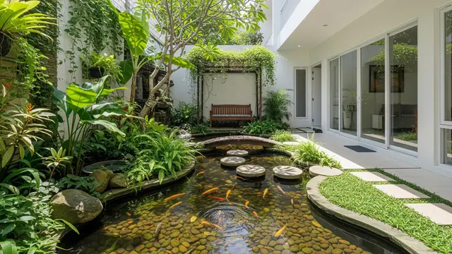 Desain Kolam Ikan Ramah Anak di Rumah Minimalis Model dengan Taman di Sekelilingnya