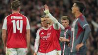 Selebrasi Gabriel Martinelli dalam laga Arsenal vs Olympiakos di Liga Champions, Kamis (2/10/2025). (AP Photo/Kin Cheung)