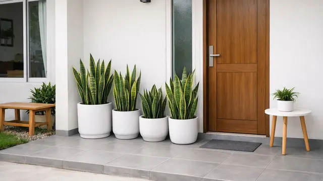 Inspirasi Teras Minimalis dengan Lidah Mertua dan Pot Putih