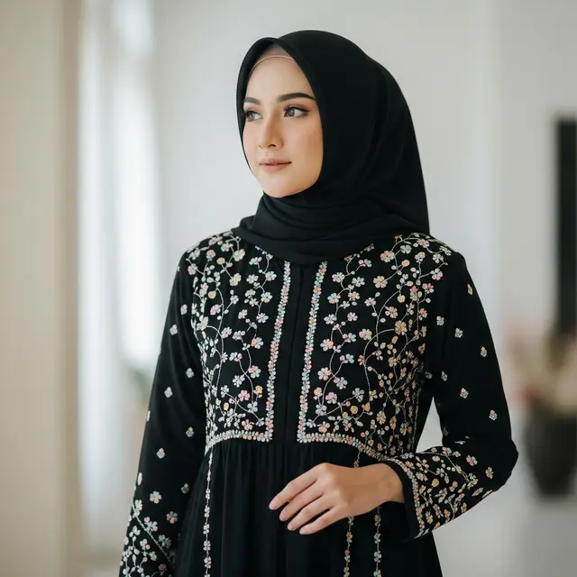 Model Gamis Hitam Kombinasi Pastel (Image by Gemini AI)