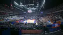 Kehadiran suporter Latvia yang membawa drum membuat suasana pertandingan di Indonesia Arena menjadi sangat meriah. (BAY ISMOYO/AFP)