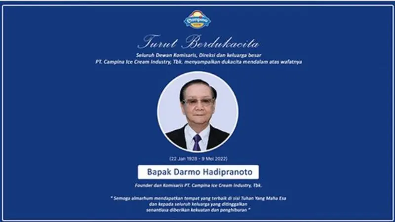 Pendiri dan Komisaris PT Campina Ice Cream Industry Tbk Darmo Hadipranoto tutup usia pada 9 Mei 2022 (Dok: PT Campina Ice Cream Industry Tbk)