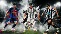 Ilustrasi bursa transfer. Robert Lewandowski, Dusan Vlahovic, dan Sandro Tonali. (Foto by Gemini AI)