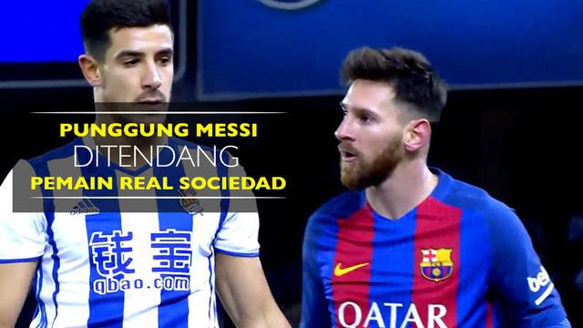 Berita video bintang Barcelona, Lionel Messi, ditendang punggungnya oleh pemain Real Sociedad, Yuri Izeta di Copa del Rey, Kamis (19/1/2017).