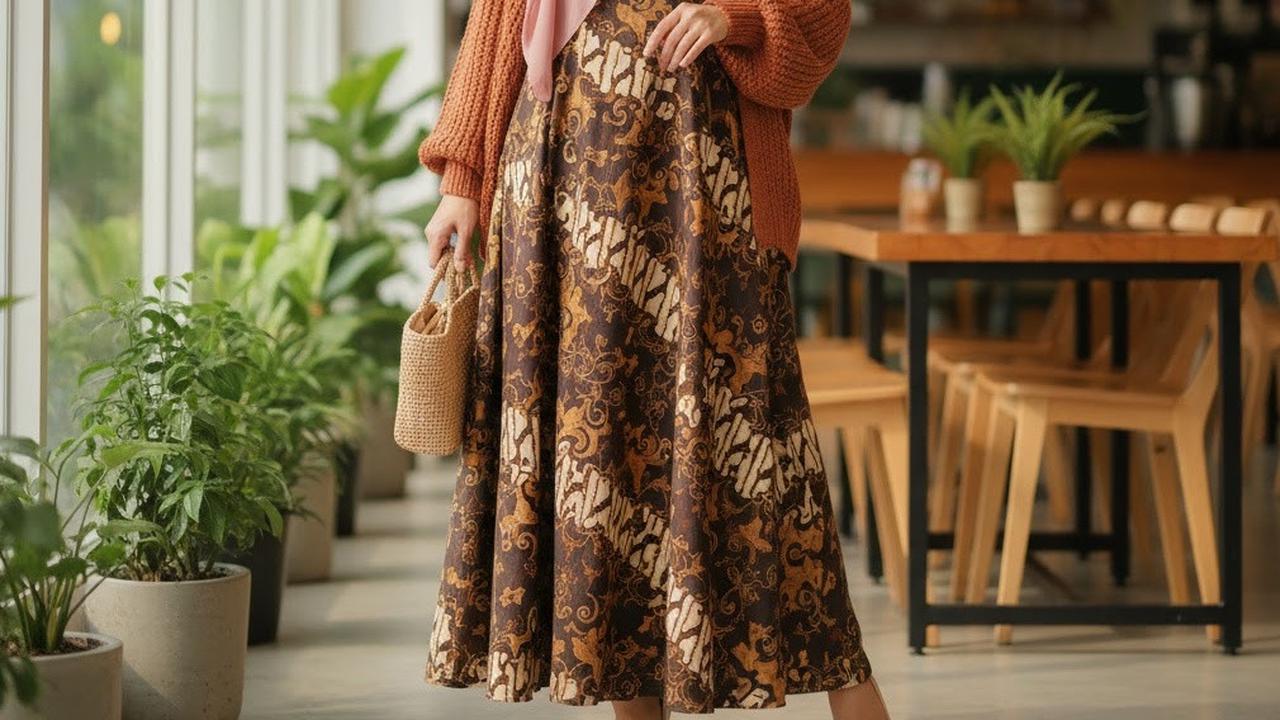 Ilustrasi gamis batik dengan cardigan rajut