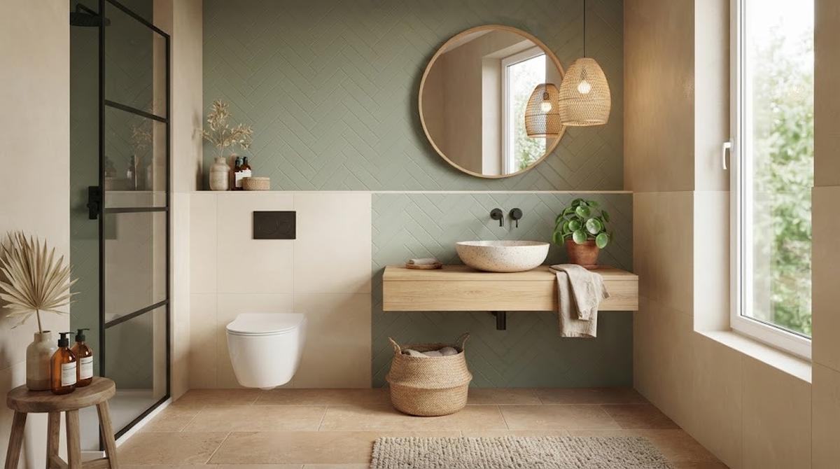 Warna Kamar Mandi Hijau Sage dan Krem