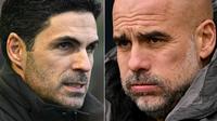Gabungan gambar yang dibuat di London pada 20 Maret 2026 menunjukkan manajer Arsenal asal Spanyol, Mikel Arteta (kiri), bereaksi menjelang pertandingan putaran ketiga Piala FA Inggris antara Portsmouth dan Arsenal di Fratton Park di Portsmouth, Inggris selatan, pada 11 Januari 2026, dan manajer Manchester City asal Spanyol, Pep Guardiola (kanan), bereaksi sebelum pertandingan putaran ketiga Piala FA Inggris antara Manchester City dan Salford City di Stadion Etihad di Manchester, Inggris barat laut, pada 14 Februari 2026. (Glyn KIRK, Oli SCARFF/AFP)