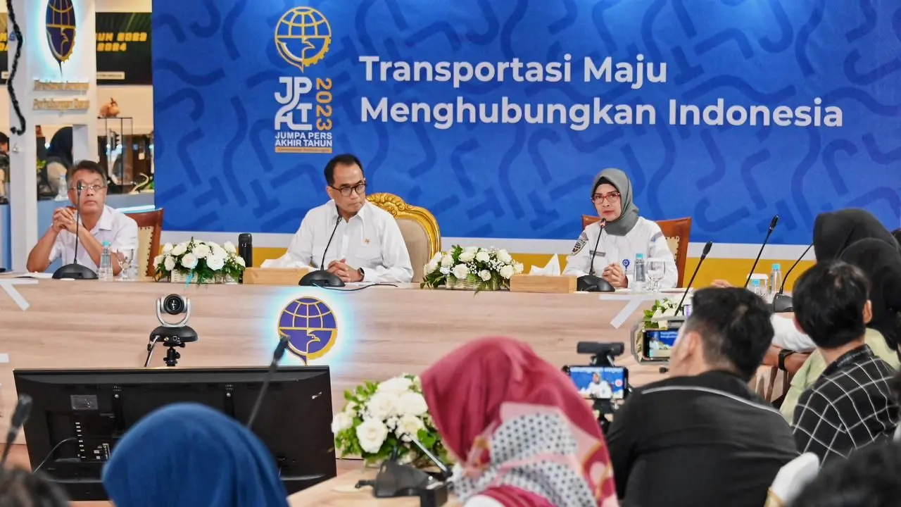 Menteri Perhubungan Budi Karya Sumadi dalam kegiatan Jumpa Pers Akhir Tahun (JPAT) 2023, di Kantor Kemenhub, Jakarta, Rabu (20/12/2023). (Dok Kemenhub)