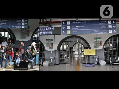 Foto kombo menunjukkan suasana arus mudik H-2 Idul Fitri 2019 (kiri) dan H-2 Idul Fitri 2020 (kanan) di Stasiun Pasar Senen, Jakarta, Jumat (22/5/2020). Larangan mudik bagi warga Jakarta karena pandemi COVID-19 menyebabkan pemandangan kontras di Stasiun Pasar Senen. (merdeka.com/Iqbal S. Nugroho)