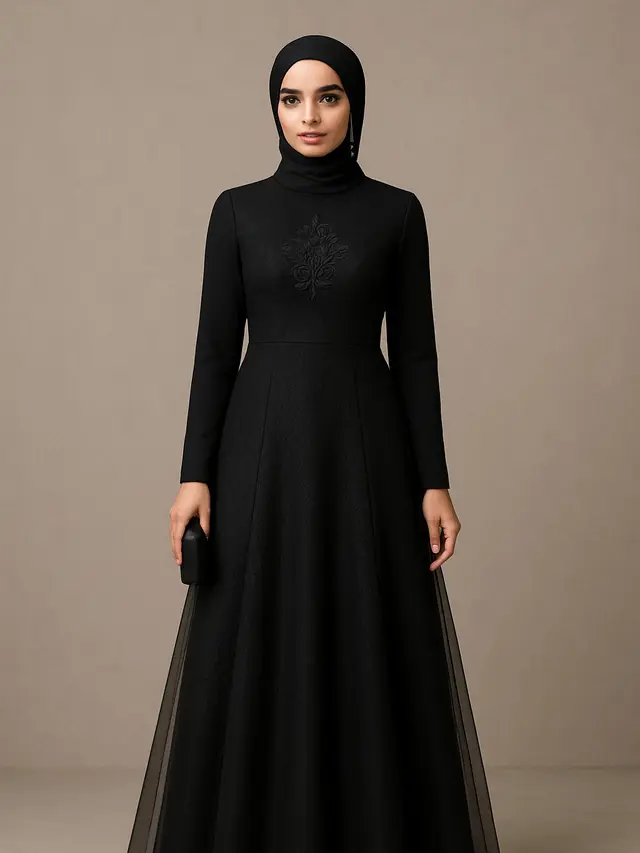 Gamis Brokat Hitam Berlapis Tile