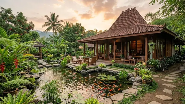Ide Rumah Kampung dengan Bukaan Besar dan Tanaman/AI Generated
