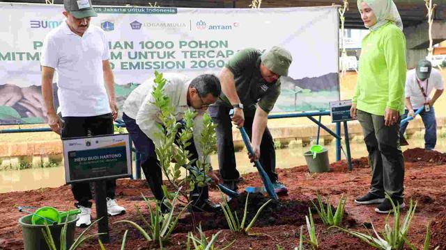 Penjabat (Pj) Gubernur DKI Jakarta Heru Budi Hartono bersama PT Aneka Tambang (Persero) Tbk (Antam) menanam 1.000 pohon di kolong tol Becakayu, Jakarta Timur