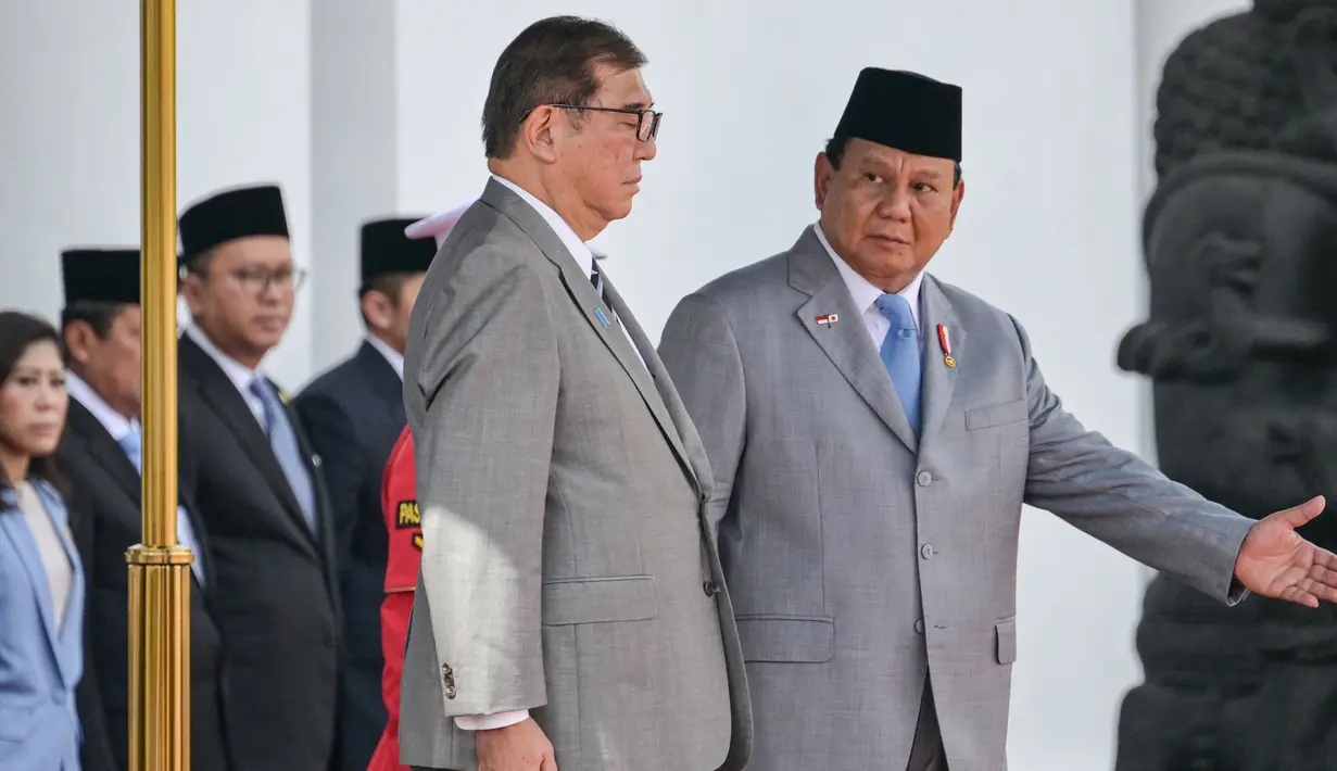 Di Istana Kepresidenan di Bogor, Jawa Barat, Presiden Indonesia Prabowo Subianto dan PM Jepang Shigeru Ishiba melakukan pertemuan bilateral. (Bay ISMOYO/AFP)