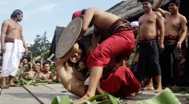 Dua orang laki-laki saling serang saat mengikuti Perang Pandan di Bali (8/6). Perang pandan adalah salah satu tradisi yang ada di Bali. Perang ini hanya boleh diikuti oleh kaum pria yang mulai menginjak usia dewasa. (AP/Firdia Lisnawati)