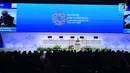 Presiden Joko Widodo menyampaikan sambutan pada Pertemuan Tahunan IMF-WB Group 2018, Bali, Jumat (12/10). Dalam pidatonya, Jokowi mengumpamakan kondisi ekonomi global sekarang seperti cerita serial televisi Game of Thrones. (Liputan6.com/Angga Yuniar)