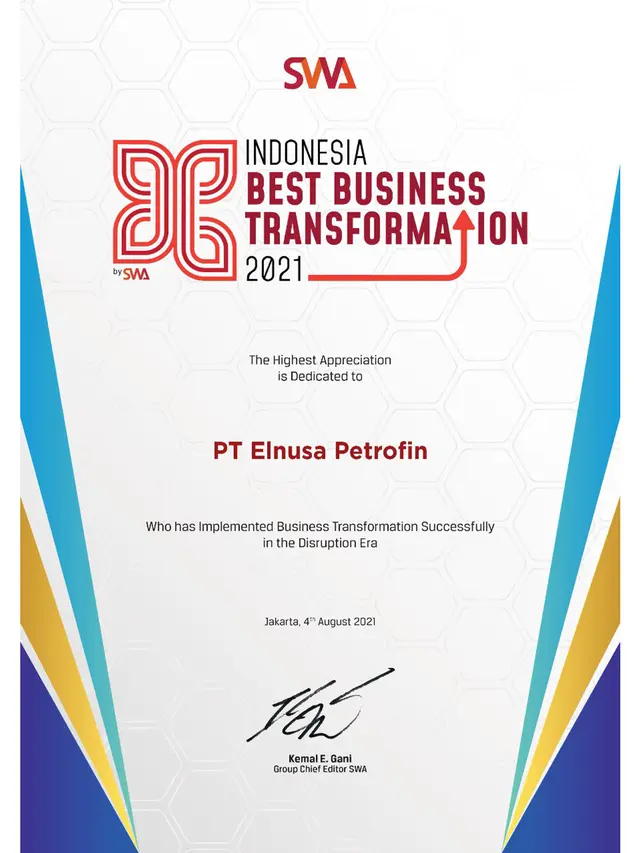 Elnusa Petrofin Diganjar Penghargaan Indonesia Best Business Transformation 2021 dari Majalah SWA