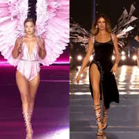 Gigi Hadid muncul sebagai pembuka. Ibu Khai itu tampil memukau bergaya ala soft-girl. Ia mengenakan lingerie sutra berwarna pink, sepatu hak bertali warna perak, dan sayap warna pink yang besar. [@runway.dolls]