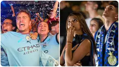 Foto kombinasi memperlihatkan ekspresi suporter Manchester City (kiri) merayakan kemenangan Manchester City atas Inter Milan pada pertandingan final Liga Champions di Manchester, Inggris, Sabtu (10/6/2023). Sementara foto kanan memperlihatkan ekspresi suporter Inter Milan saat menyaksikan pertandingan final Liga Champions antara Manchester City dan Inter Milan di Milan, Italia, Sabtu (10/6/2023). (Nigel French/PA via AP - Claudio Furlan/LaPresse via AP)