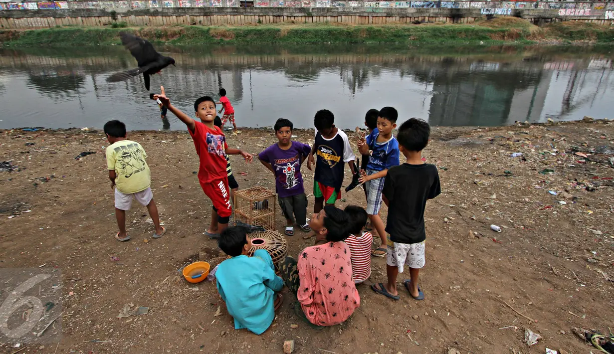 Anak-anak menghabiskan waktu bermain burung merpati di bantaran Kanal Banjir Barat (KBB), Tanah Abang, Jakarta, Jumat (9/10). Terbatasnya ruang publik menyebabkan anak-anak tersebut terpaksa bermain di bantaran kanal. (Liputan6.com/Immanuel Antonius)