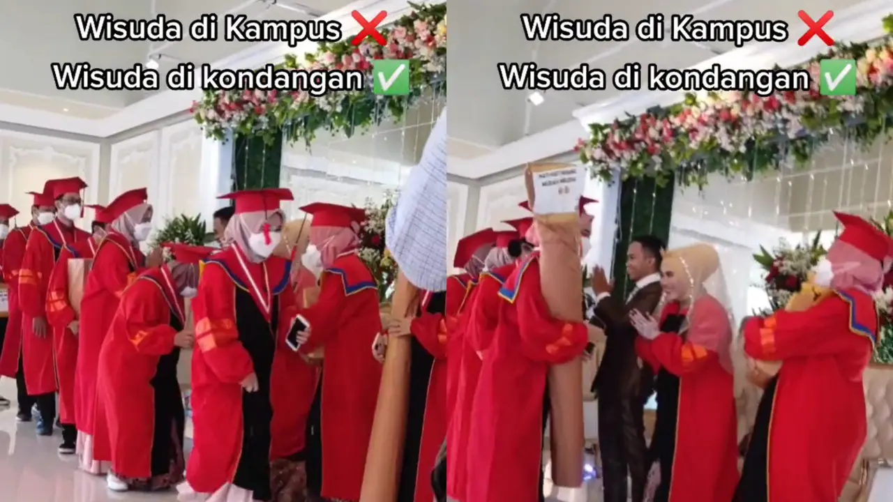Potret kemeriahan wisudawan hadiri pesta pernikahan lengkap dengan baju toga wisuda.