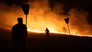 Warga setempat dan petugas pemadam kebakaran berjuang memadamkan kebakaran hutan di Deliblatska Pescara (Deliblato Sands), dekat desa Dubovac, sekitar 70 kilometer di timur laut Beograd, Serbia, Minggu, 9 Agustus 2026. (AFP/  Uros Arsic )