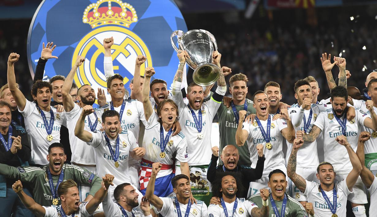 Real Madrid (13 kali juara) - Real Madrid adalah klub sepak bola yang paling banyak memenangkan kali Liga Champions sampai saat ini. Tahun juara: 1956, 1957, 1958, 1959, 1960, 1966, 1998, 2000, 2002, 2014, 2016, 2017, 2018. (AFP/Paul Ellis)