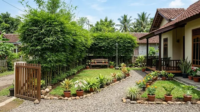 Ide Menata Halaman Rumah Agar Teduh Tanpa Biaya Mahal Model Memanfaatkan Bambu Jepang sebagai Pembatas Halaman