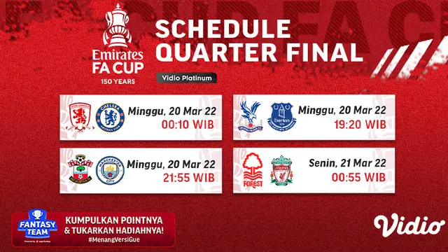 Link Live Streaming Piala FA 2021/2022 Babak Perempat Final di Vidio Pekan Ini