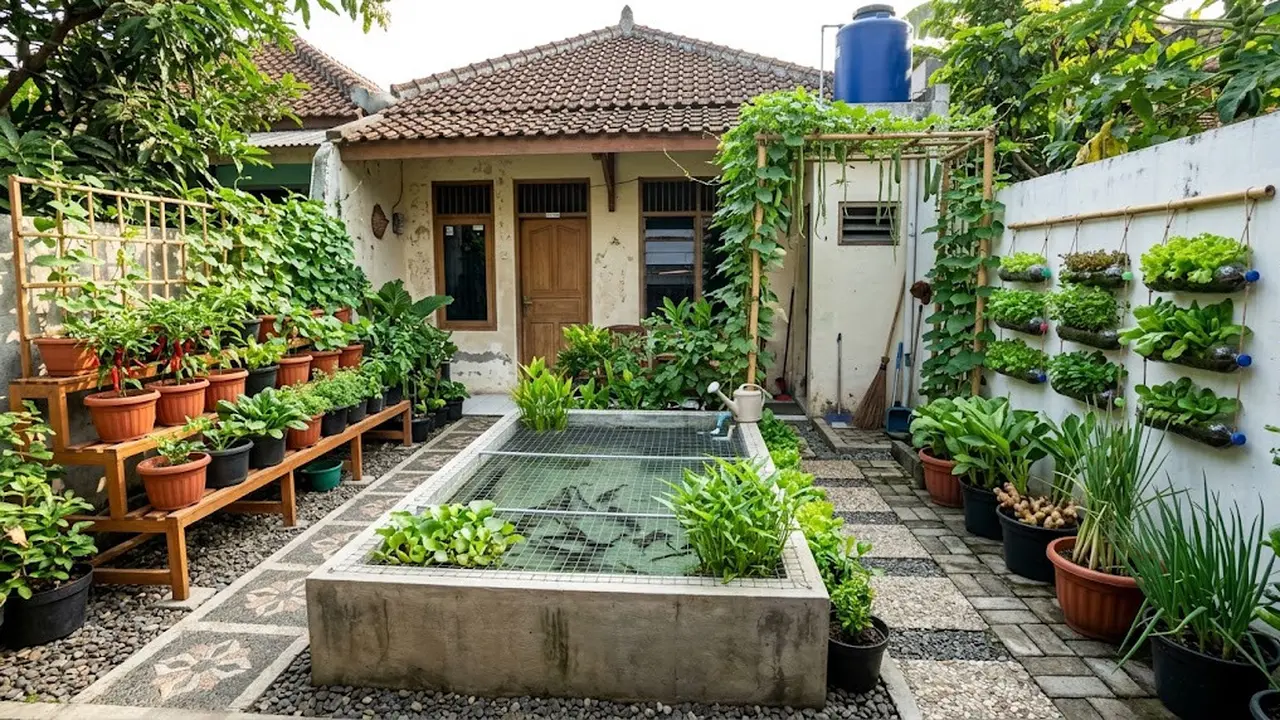 Desain Pekarangan Rumah Kecil Produktif dengan Kolam Lele dan Sayuran