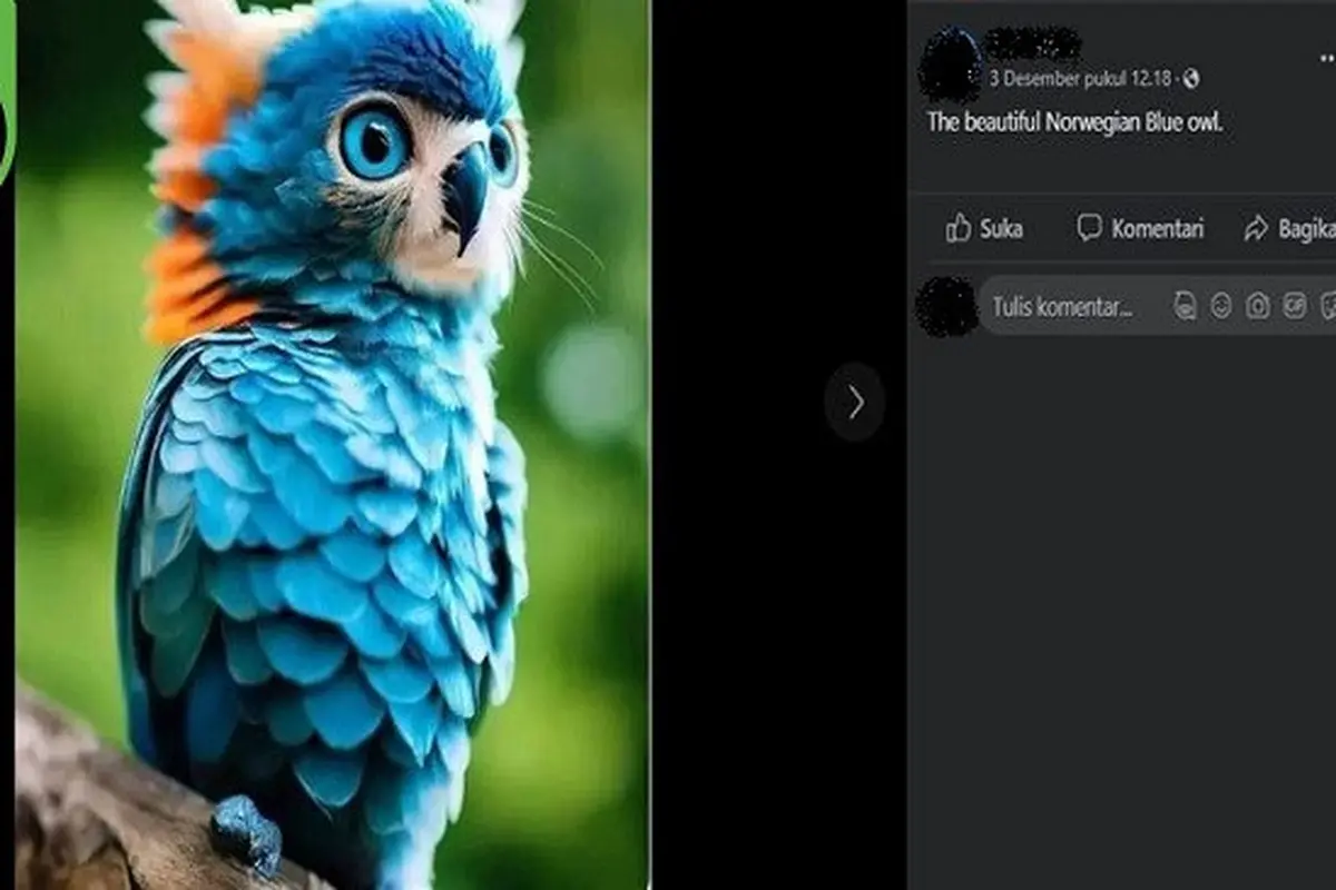 Gambar Tangkapan Layar Foto yang Diklaim Burung Hantu Norwegia Berwarna Biru (sumber: Facebook).