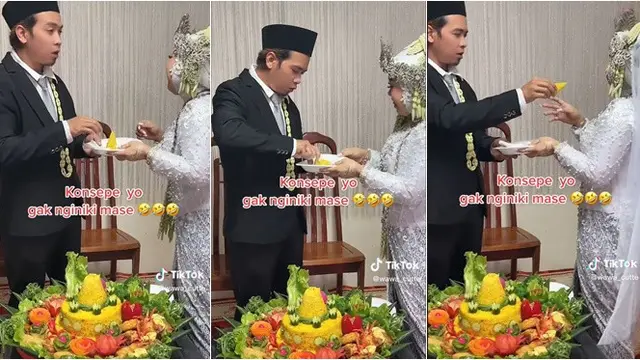 Viral Momen Pengantin Kesusahan Potong Tumpeng, Cara Akhirnya Bikin Ngakak