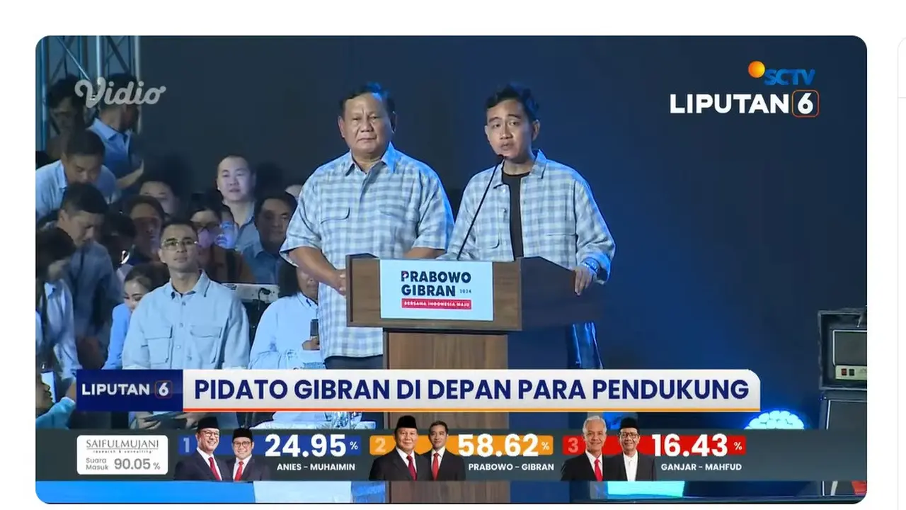 Capres dan Cawapres nomor urut 02 Prabowo Subianto-Gibran Rakabuming Raka saat pidato dan deklarasi kemenangan hasil sementara quick count Pemilu 2024 di Istora Senayan, Rabu (14/2/2024).