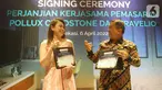 (Ki-Ka) VP of Business Development Travelio Felicia Gautama dan Direktur Utama Pollux Chadstone Yanto Zefania berbincang usai penandatanganan Perjanjian Kerja Sama (PKS) Jasa Pemasaran Penyewaan Apartemen di Cikarang, Bekasi (6/4/2022). (Liputan6.com/HO/Agus)