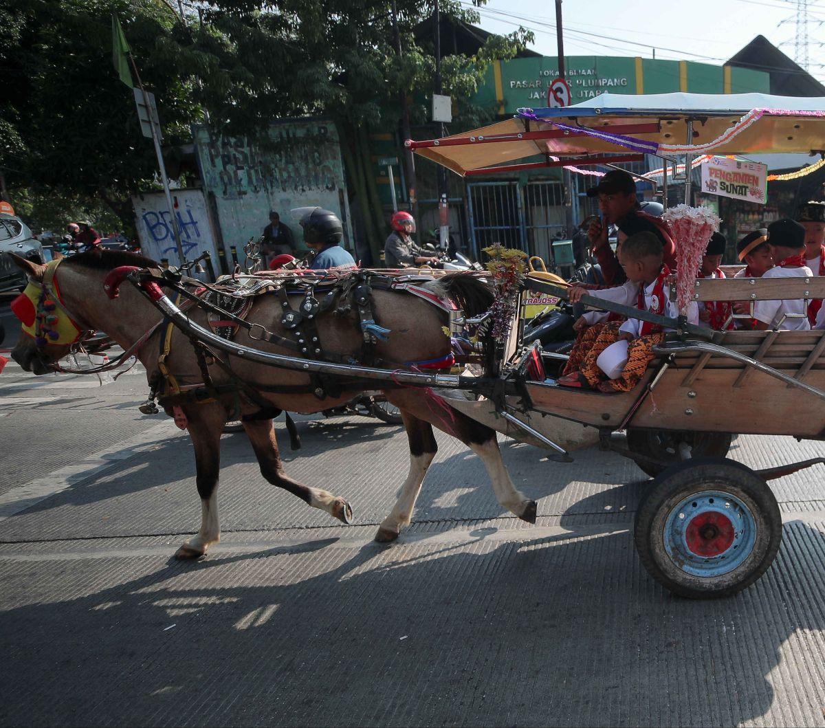 Sejumlah penganten sunat menaiki delman selama arak-arakan dari Markas Palang Merah Indonesia (PMI) Jakarta Utara, Jumat (21/6/2024).&nbsp;Dalam ranka memperingati HUT ke-497 Kota Jakarta, Palang Merah Indonesia (PMI) dan Pemerintah Kota Administrasi Jaka