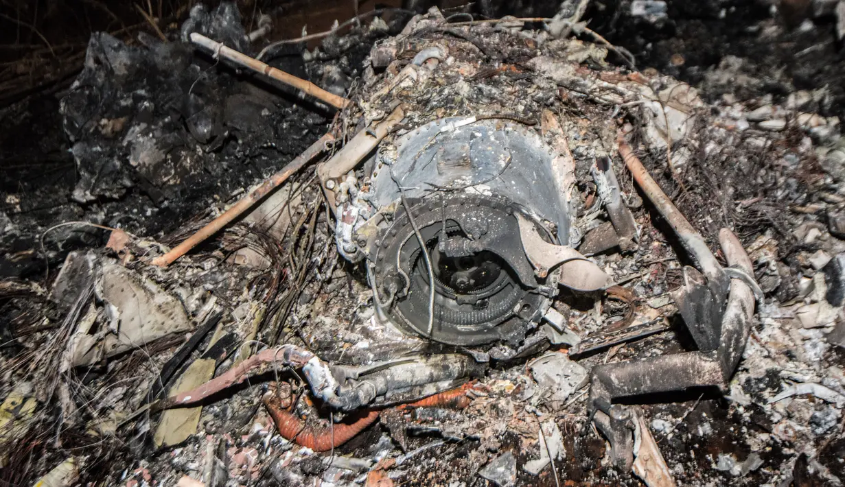 Sisa pesawat yang terbakar dari pesawat penumpang kecil yang jatuh di dekat Punta Islita, Kosta Rika, Minggu, (31/12). Angin kencang diduga menjadi penyebab jatuhnya pesawat Cessna 208 Caravan milik maskapai Nature Air. (AFP Photo/Ezequiel Becerra)